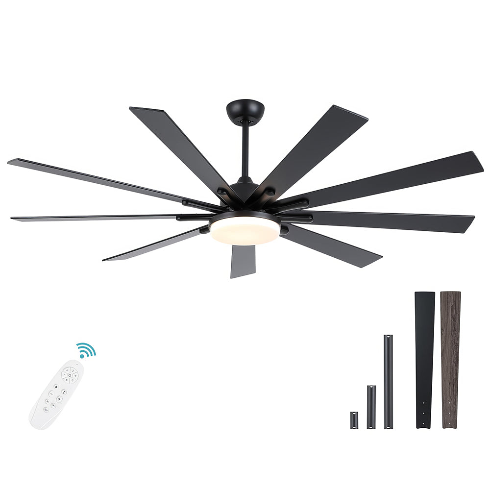 72" Ceiling Fan with Light, 9 Blades, Remote, Reversible, Indoor/Outdoor